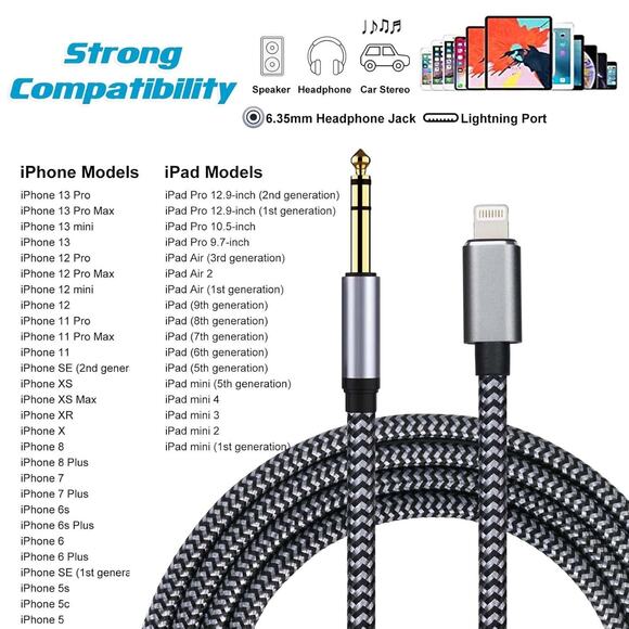 Lightning to 6.35mm 1/4 inch TRS Audio Stereo Cable for iPhone 14/13/12/XS/XR/8/ - Picture 4 of 6